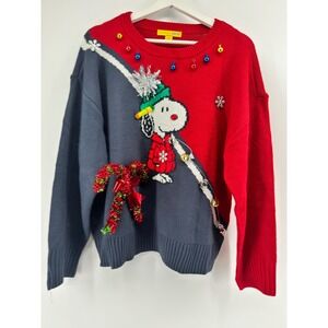 Sanctuary x Peanuts Snoopy Christmas Sweater Red Navy Blue Jingle Bells Large